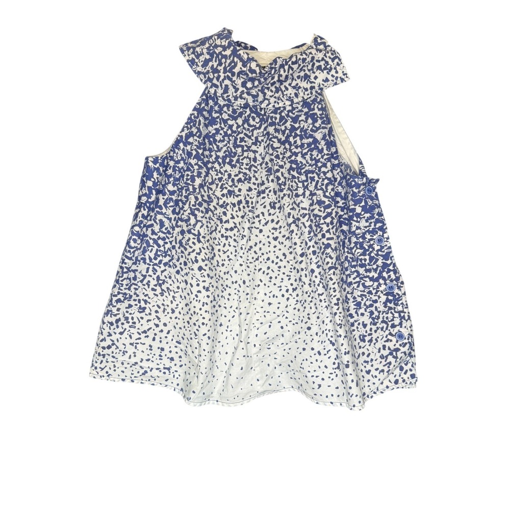 Jeanne Marc Vintage Blue White Abstract Splatter Ruffle Neck Side Button Top 8